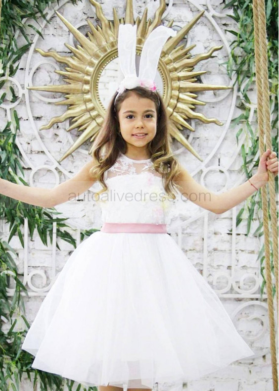 White 3D Floral Lace Tulle Flower Girl Dress White 3D Floral Lace Tulle Flower Girl Dress